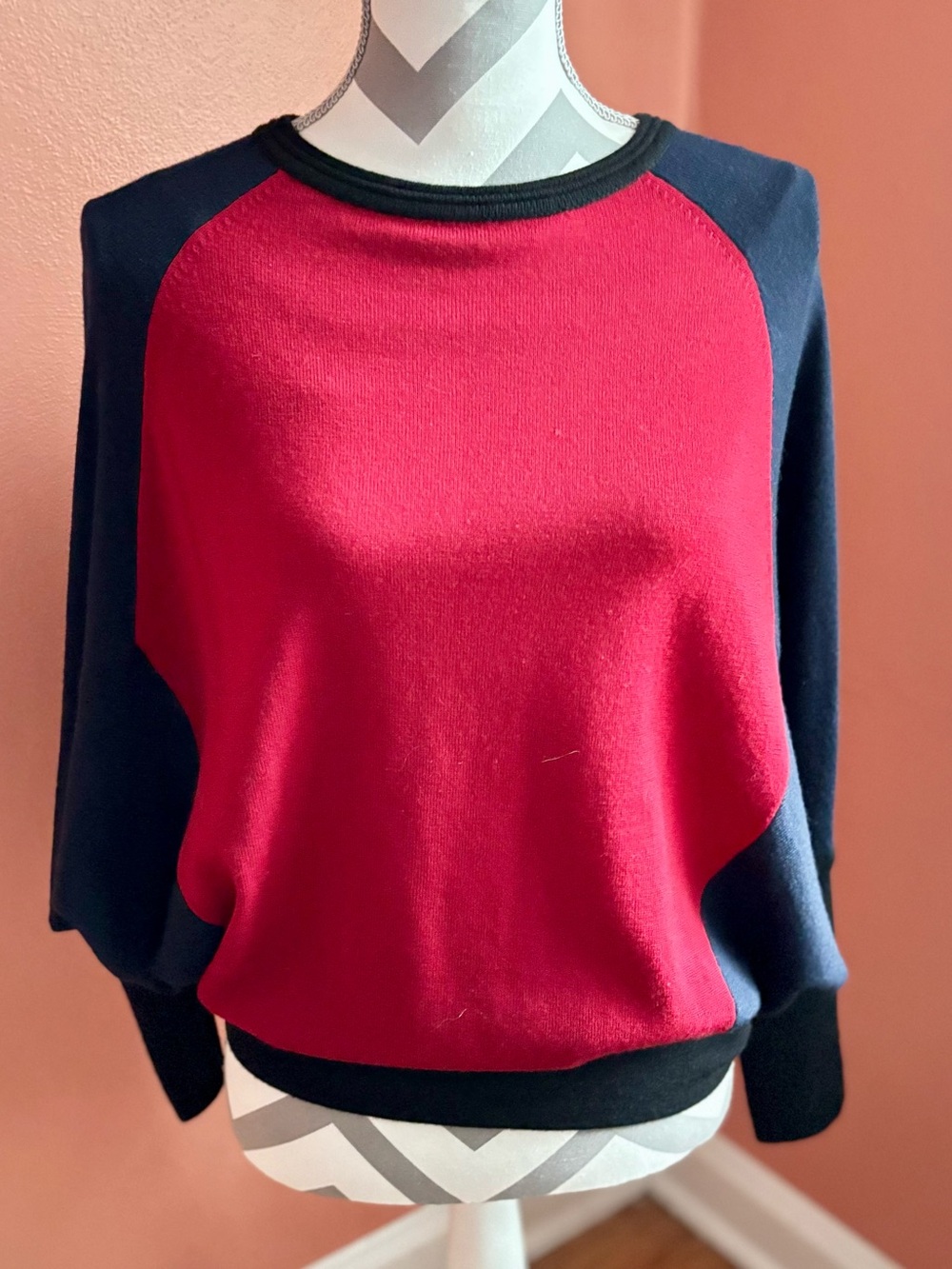 St. John Red and Navy Colorblock Crewneck Sweater